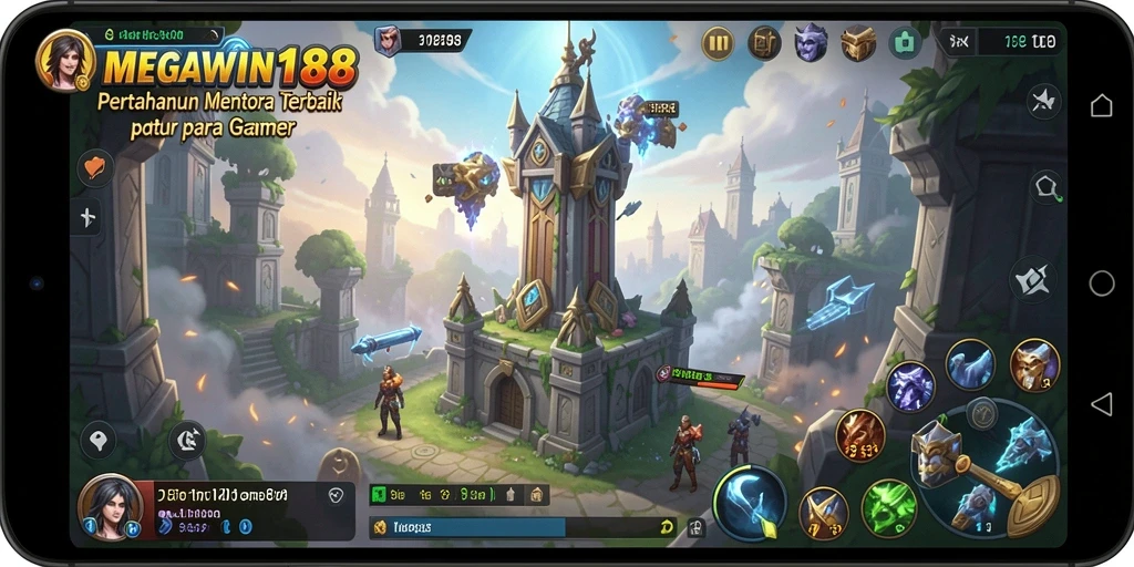 Tangkapan layar gameplay MEGAWIN188 menampilkan aksi pertahanan menara yang menegangkan.